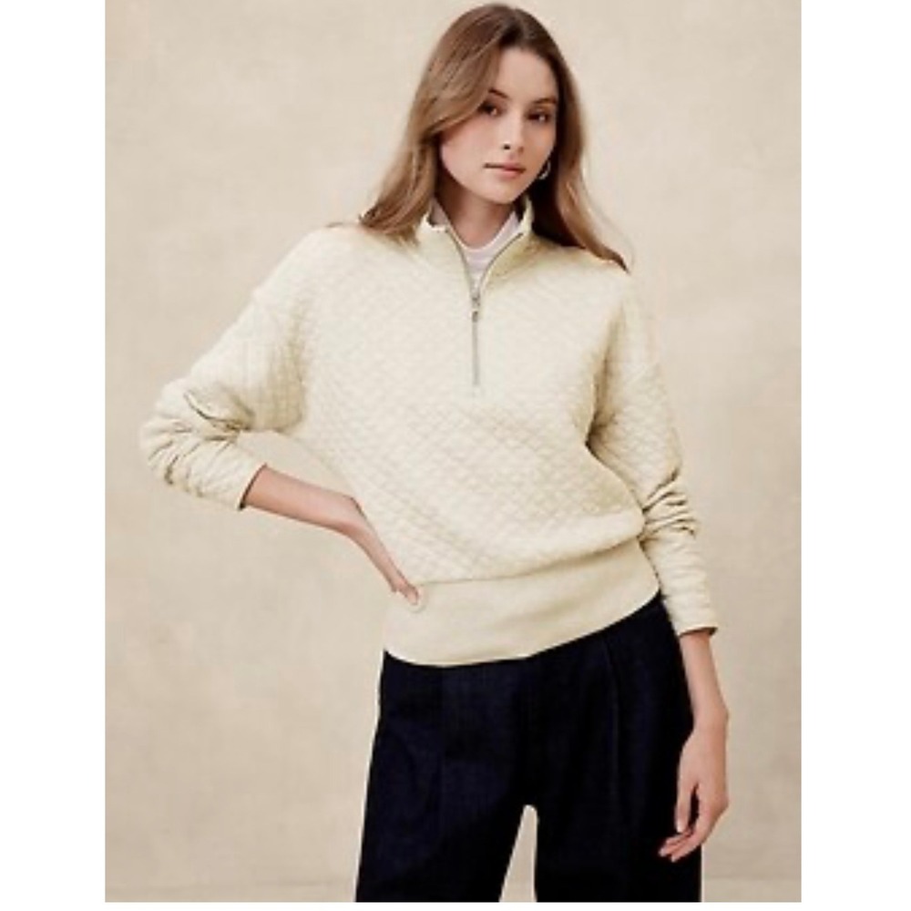 BANANA REPUBLIC Quilted Quarter Zip Sweatshirt Beige Oatmeal Heather Sz S